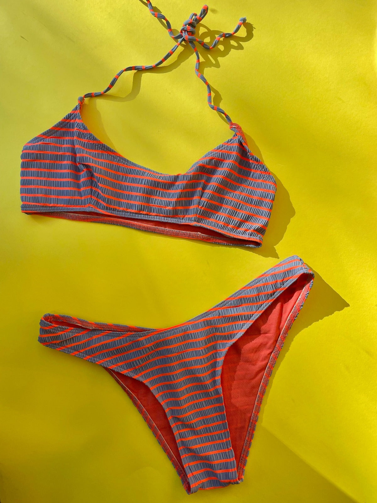 Caro Luna: Olivia Seersucker Bikini Top - Orange/Lavender