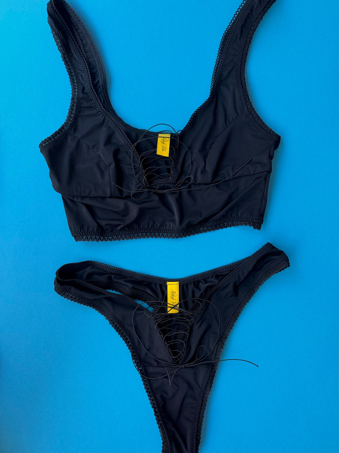 Kayleigh Peddie: Robbi Crop Lace Up Bra - Micro Black