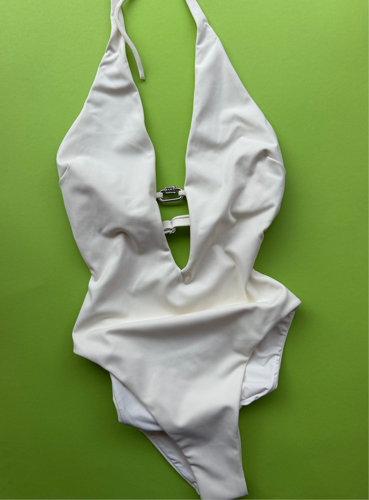 Ziah: Plunge Halter One Piece - Ecru