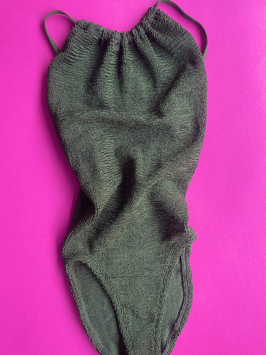 Hunza G: Portia High Neck One Piece - Metallic Khaki