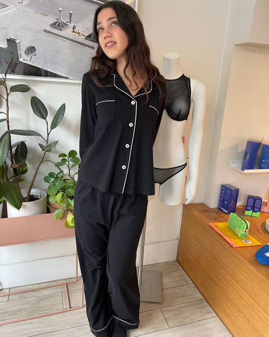 Salua: Classic Long Sleeve PJ Shirt - Black/White