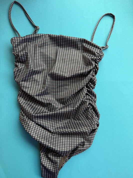 Belle Anna: Ruched Maillot - Brown Plaid