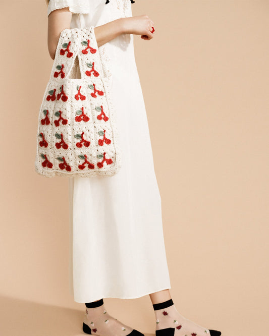 Hansel From Basel: Cherries Crochet Shopper Bag - Ivory