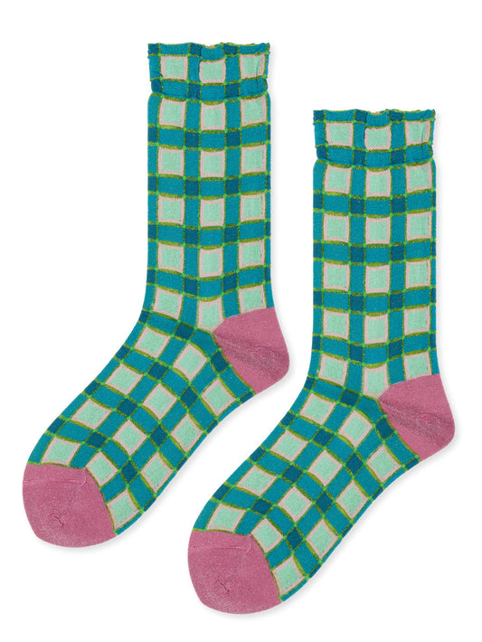 Hansel From Basel: Esther Plaid Crew Sock - Turquoise