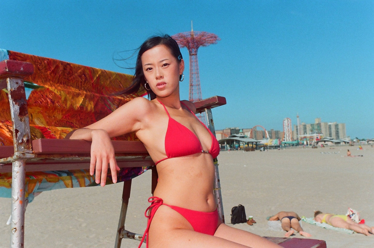 Ziah: Tweed Beaded Triangle Bikini Top - Chilli