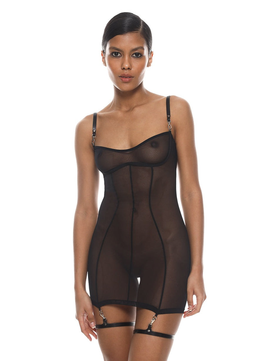 Anoeses: Sia Mesh Dress with Hard Leather Straps - Black