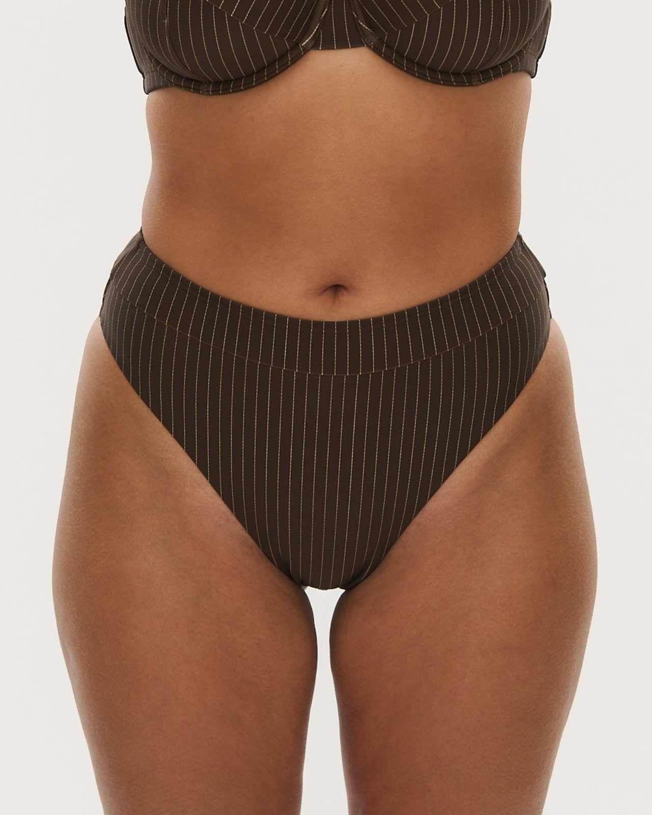 RAQ: High Leg Bikini Brief Bottom - Chocolate Pinstripe