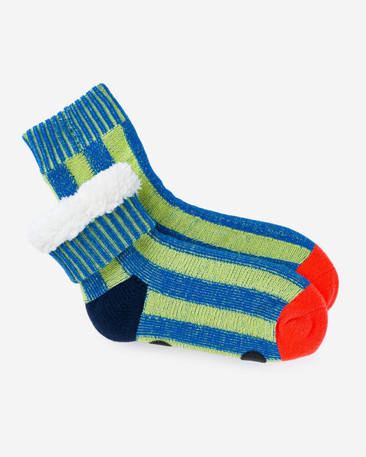Verloop: Big Stripe Knit House Socks - Lime Cobalt