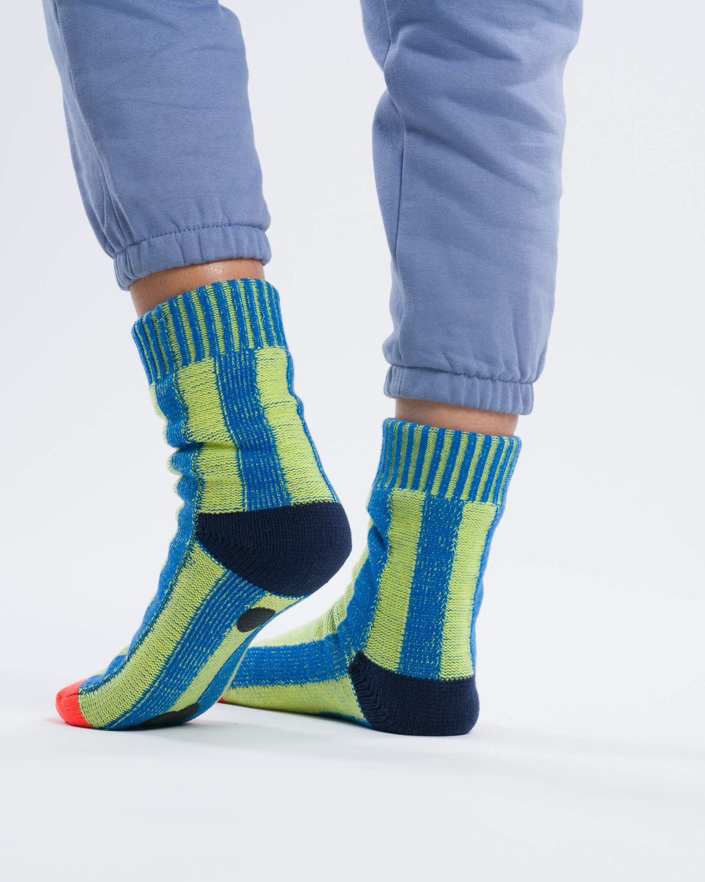 Verloop: Big Stripe Knit House Socks - Lime Cobalt