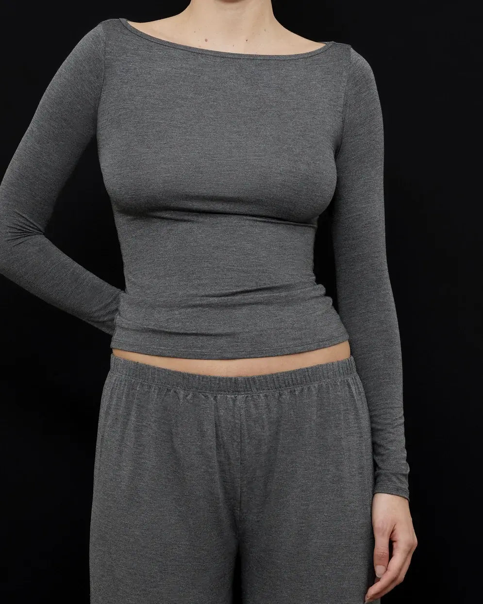 Kye Intimates: Recline Bamboo Bateau Long Sleeve - Charcoal