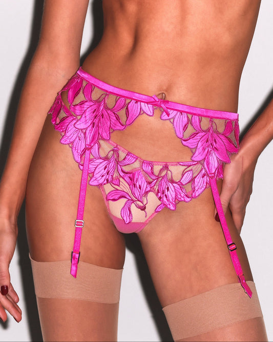 Fleur du Mal: Lily Embroidery Lace Garter Belt - Wild Pink
