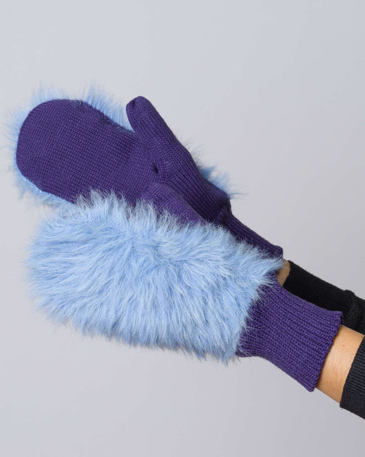 Verloop: Faux Fur Knit Mittens - Periwinkle/Navy