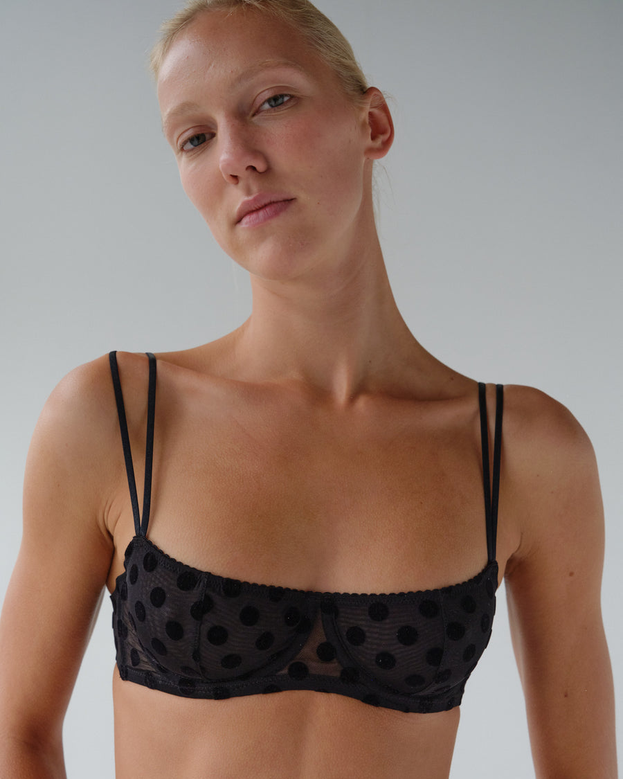 Fruity Booty: Polka Flock Balconette Bra - Black