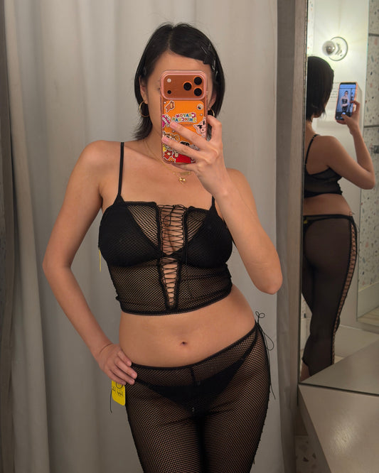 Kayleigh Peddie: Lace-Up Fishnet Tube Top - Black