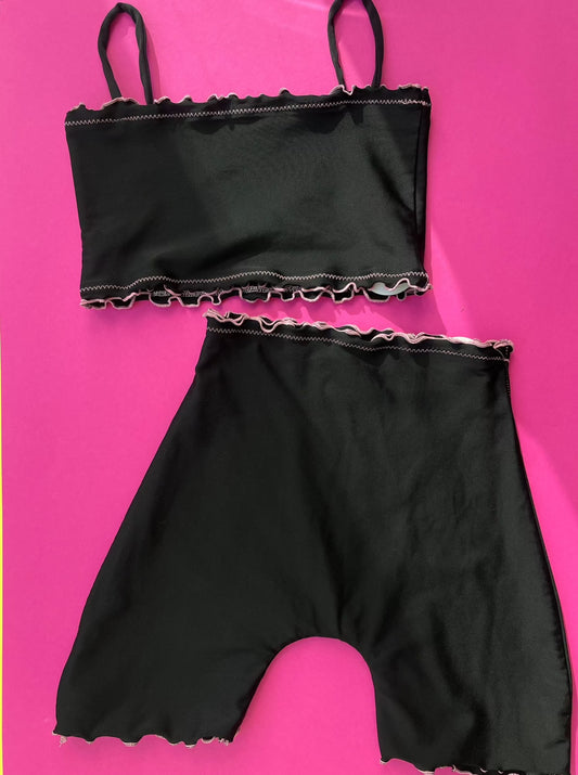 Sherris: Ruffle Crop Tank Bikini Top - Black