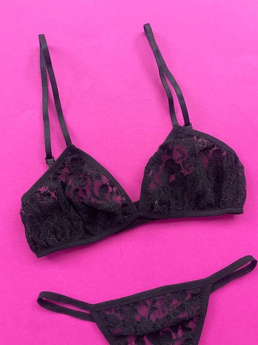 Miss Crofton: Micro Triangle Lace Bralette - Black