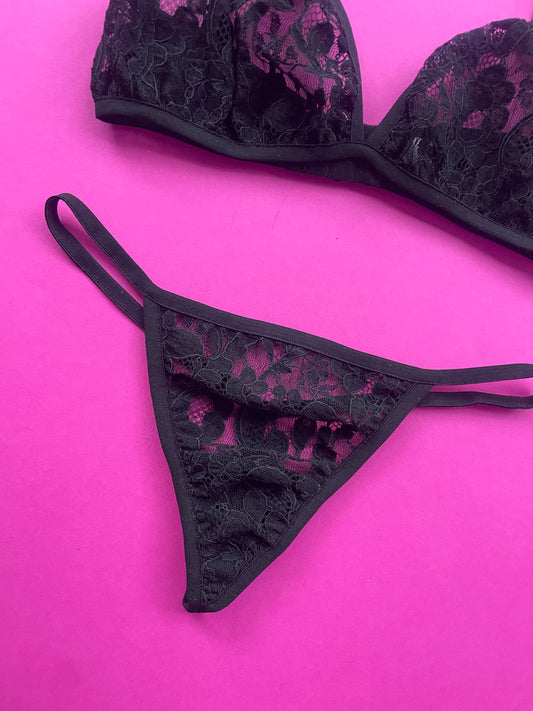 Miss Crofton: Micro T-Bar Lace Thong - Black