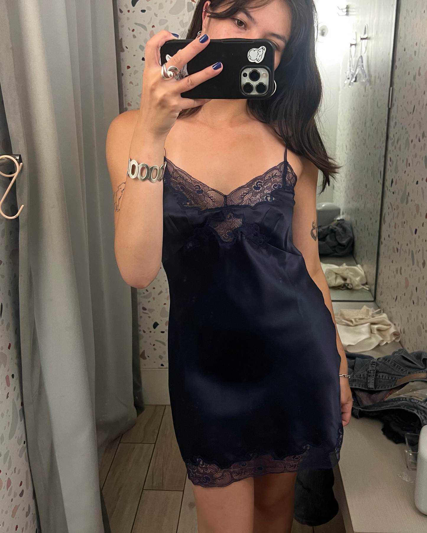 Only Hearts: Silk Charmeuse Mini Slip - Navy
