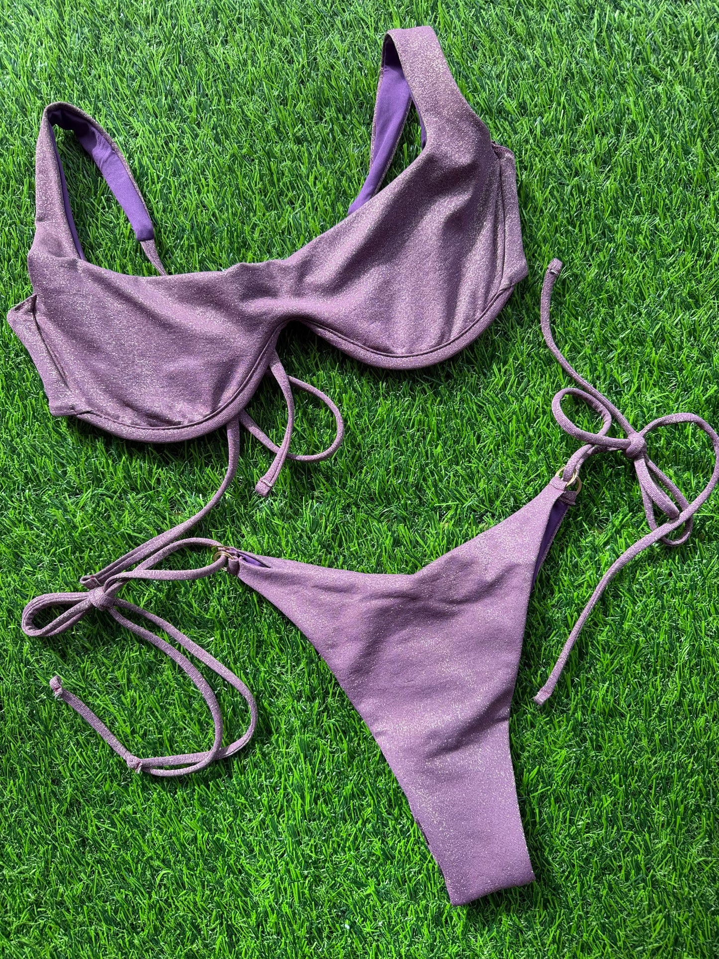 Anane: Curly Ruched Side Tie Bikini Bottom - Lavender Dusk