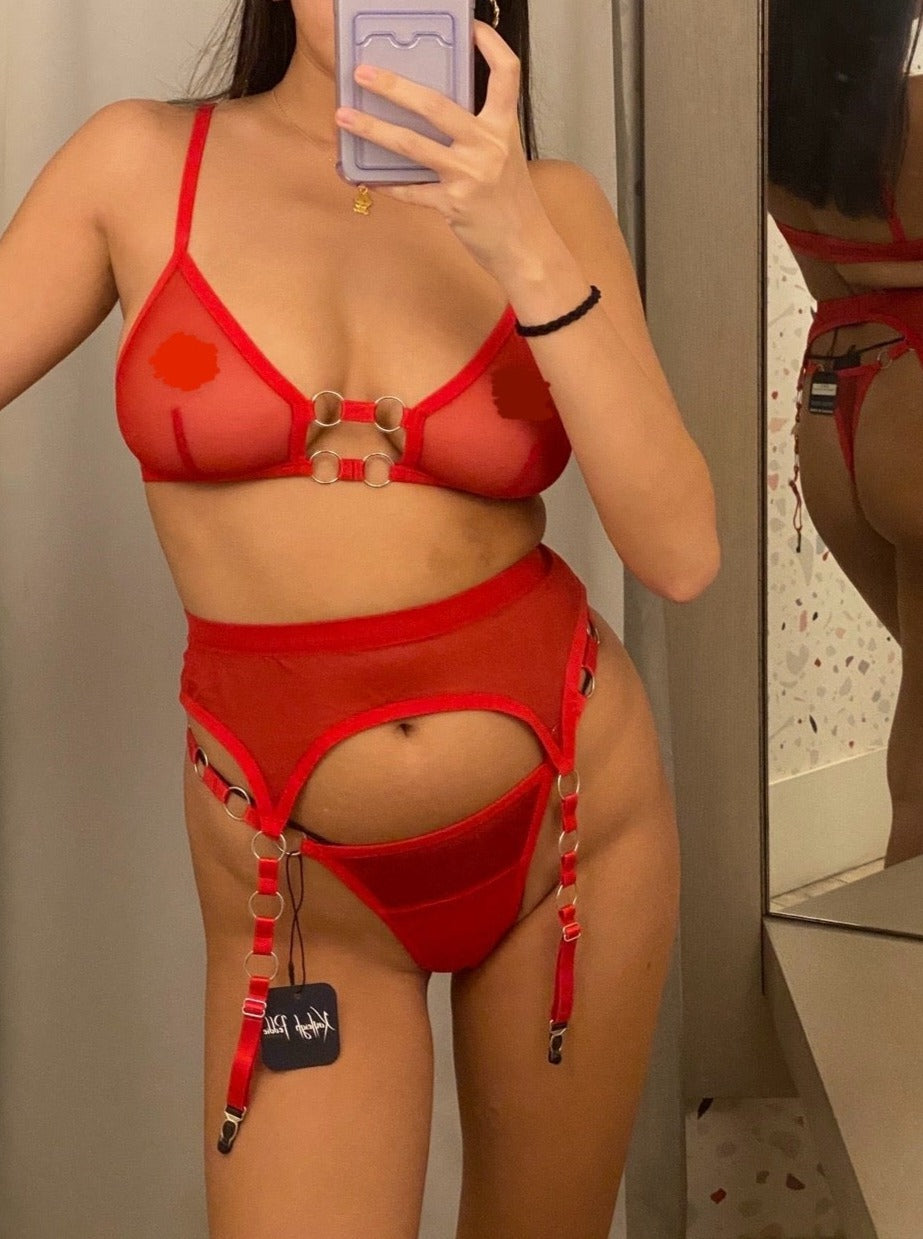 Kayleigh Peddie: Sandra Mesh Garter Belt with Rings - Red