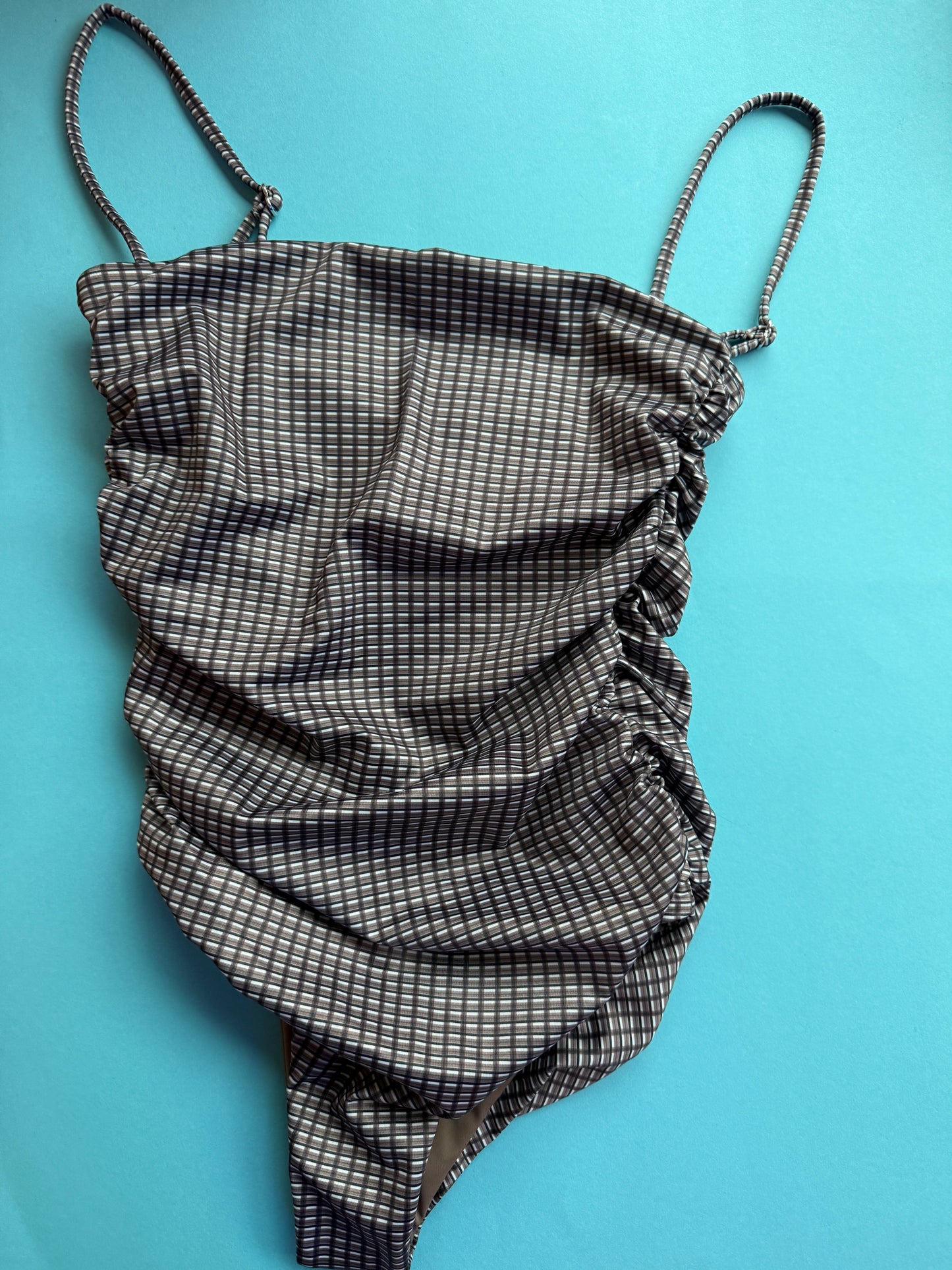 Belle Anna: Ruched Maillot - Brown Plaid