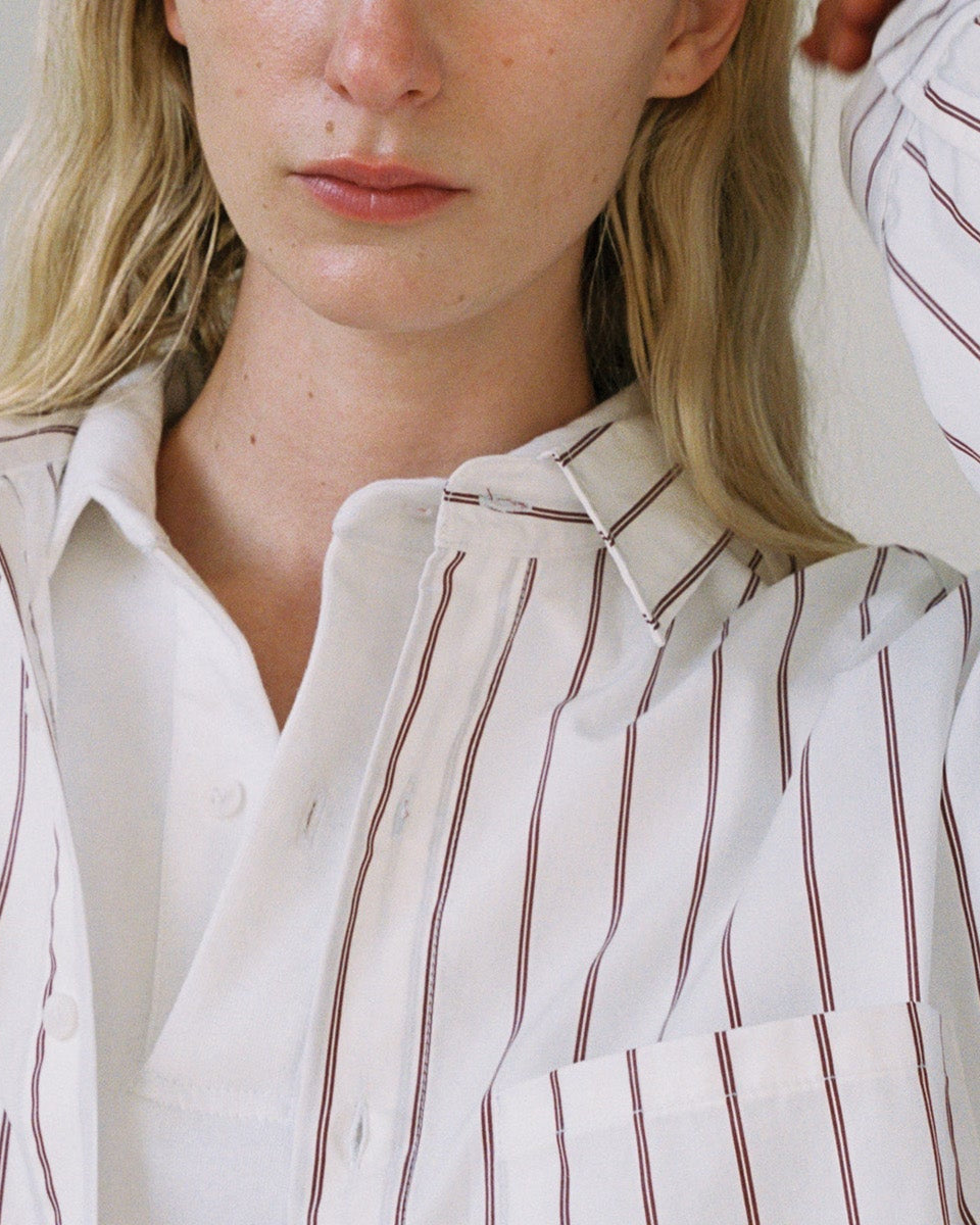 Gil Rodriguez: Big Button Up Top - Burgundy Stripe