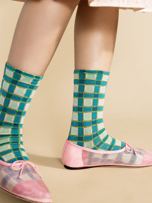 Hansel From Basel: Esther Plaid Crew Sock - Turquoise