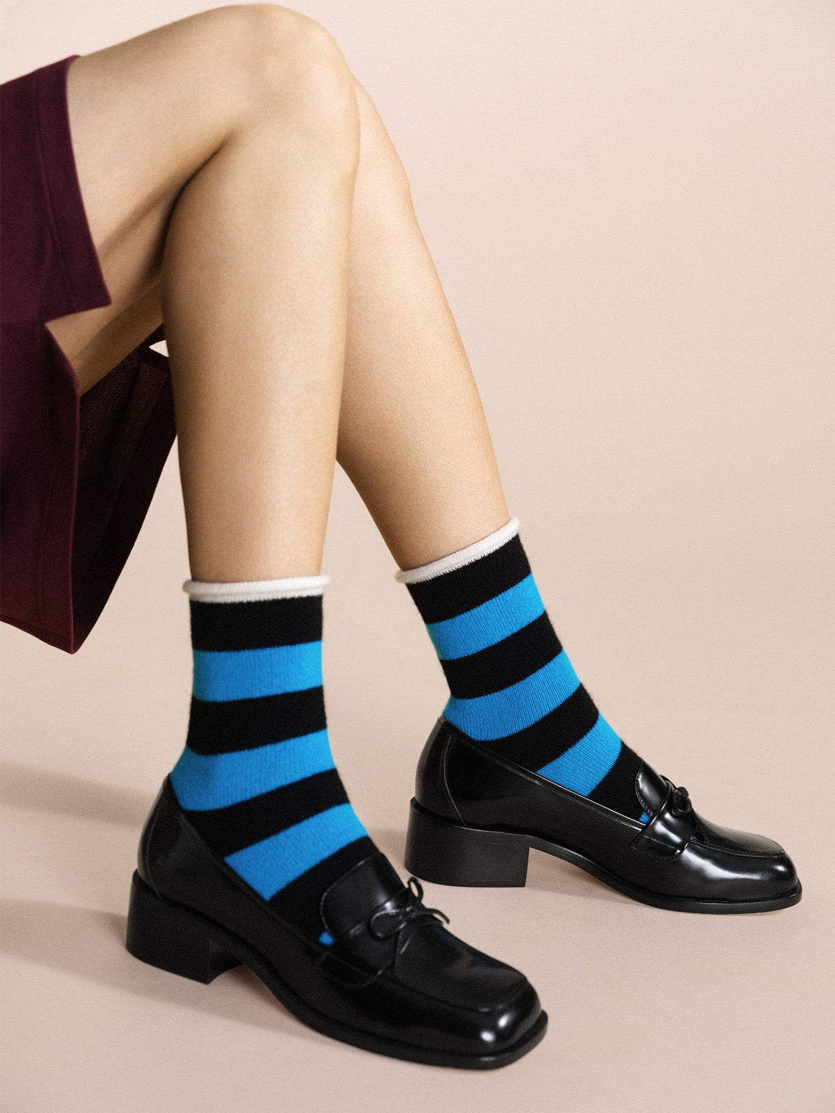 Hansel From Basel: Wide Stripe Cashmere Crew Sock - Blue