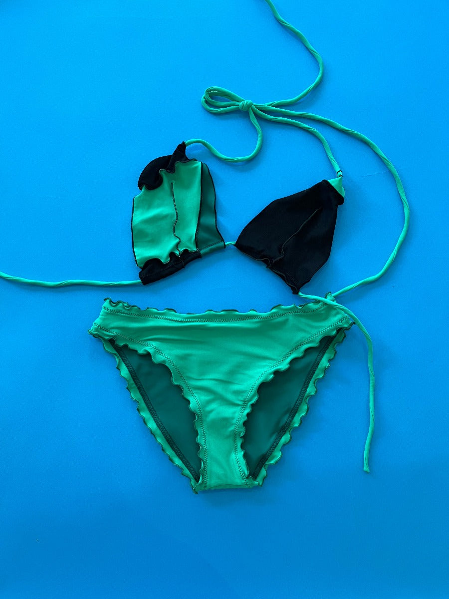 Sherris: Ruffle Triangle Bikini Top - Green/Black XS, Last One!