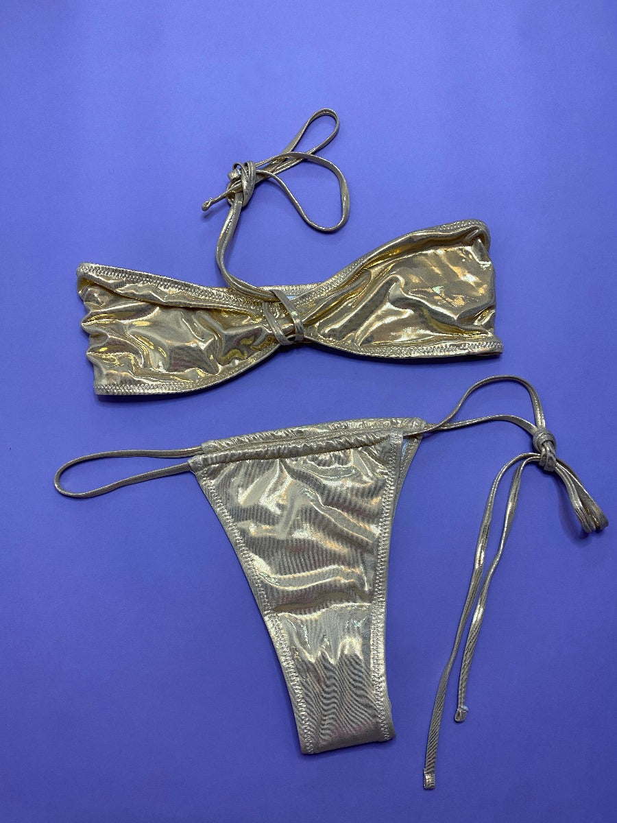 Solid & Striped: Raine Tie Bikini Bottom - Sparkle Gold, M, L.